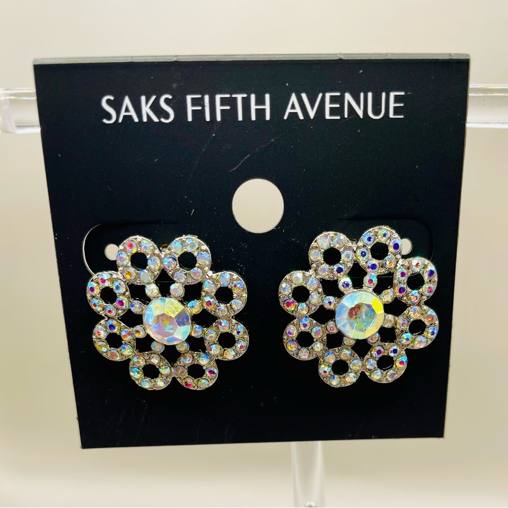 Saks Fifth Avenue rhinestone studded flower earrings with clear stones. Bling